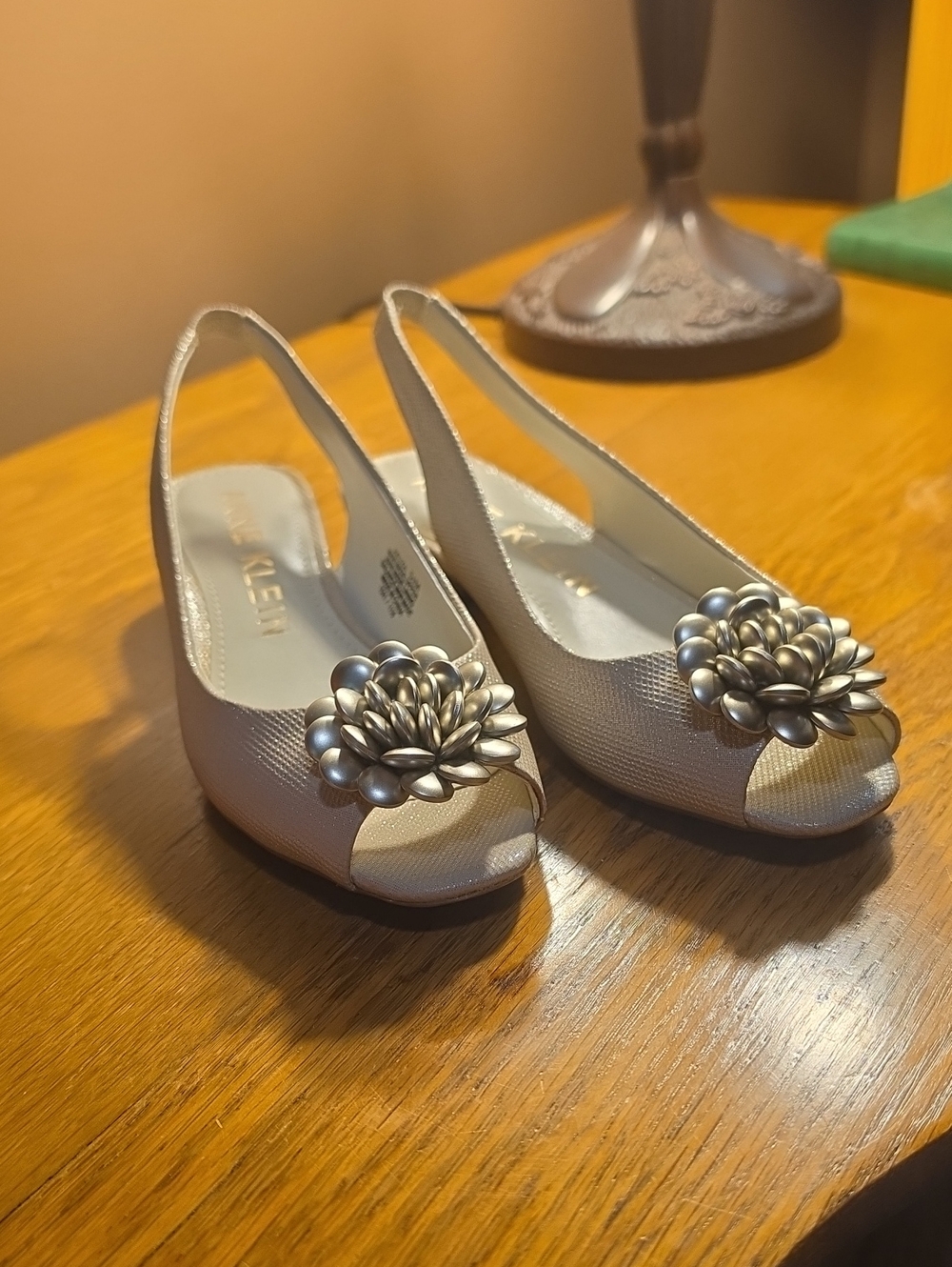 Anne Klein Silver Peep-Toe Slingback Heels with Floral Ornament
